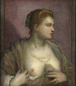 Tintoretto ritratto di giovane veneziana che si scopre il seno Museo del Prado