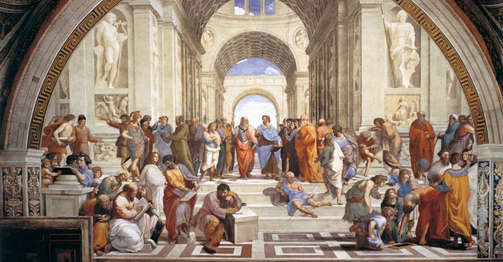 La filosofia antica è stata ritratta meravigliosamente da Raffaello, nell'affresco "Scuola di Atene". Essa rappresenta i principali pensatori greci immersi in una architettura maestosa.