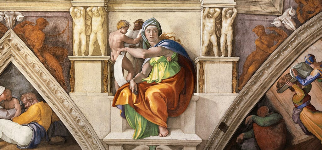 Ione, protagonista della tragedia di Euripide, viene allevato dalla Pizia, sibilla di Delfi, qui ritratta da Michelangelo