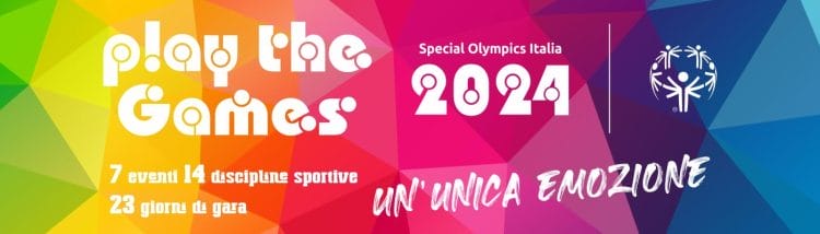 Locadina Play the Games 2024, scritte bianche su sfondo arcobaleno