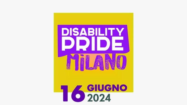 Disability Pride Milano 2024 logo viola e bianco su sfondo giallo