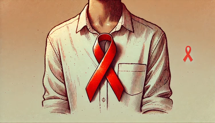 Illustrazione di un nastro rosso, simbolo della lotta contro l'HIV, appuntato su una camicia bianca